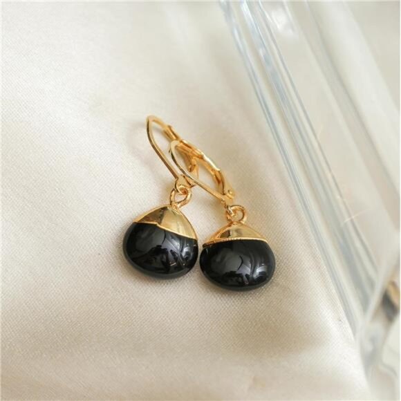 Black Obsidian Gemstone Earrings | Gold Plated Leverback Drops - Picture 3 of 6